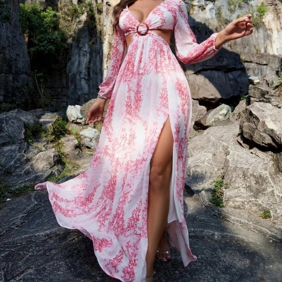 . Dresses & Skirts - Floral Print Cut Out Waist Maxi Dress PINK
